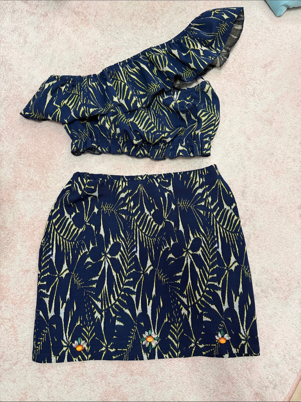 Zara Navy and Yellow Floral Two-Piece Skirt Set